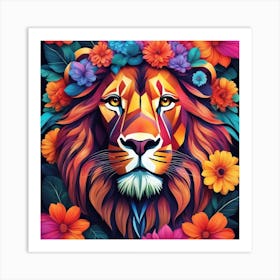 Lion With Flowers Art Print