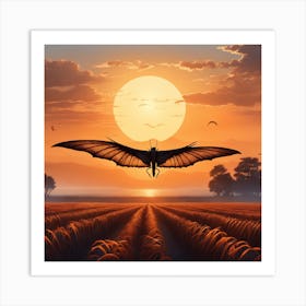 Bat Flying Over Field At Sunset Art Print