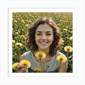 A Woman Interacts With Dandelions During The Day Looking At The Camera With A Warm Smile The Scene I 3544895349 Art Print