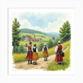 English Landscape With Romanian Folk In Traditional Attire, Watercolor Style 1 Art Print