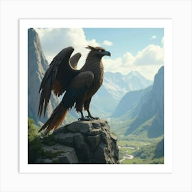 A Majestic Griffin Perched On A Rocky Outcrop Overlooking A Valley 1 Art Print