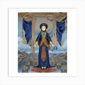 (6)The image depicts a woman in a blue robe and hat, standing on a platform with a backdrop of mountains and a blue sky. She is holding a red object in her right hand and has a book in her left hand. Art Print