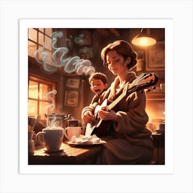 Mother And Son Playing Guitar Art Print