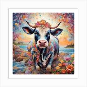 Cow In Flowers Art Print