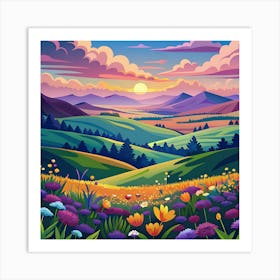 Field Valley Nature Meadows Flowers Dawn Landscape Art Print