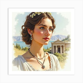 Watercolor Portrait Of A Greek Woman With Delicate Features And A Historical Backdrop 1 Art Print