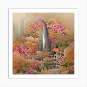 Waterfall In A Japanese Garden Art Print