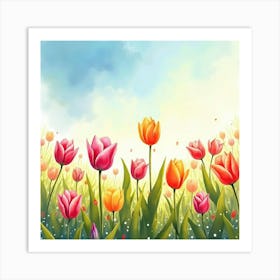 Colorful Tulips Dancing In A Watercolor Field Under A Sunny Sky 1 Art Print