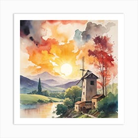 Sunset At The Mill 1 Art Print