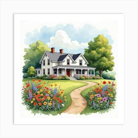 Country Farmhouse With Blooming Garden, Watercolor With Vibrant Flowers 1 Art Print