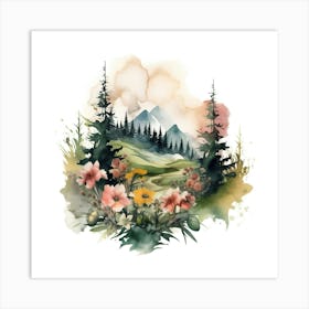 Watercolor Landscape With Flowers Art Print