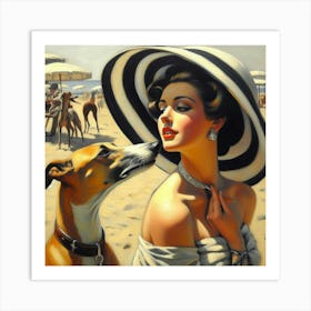 Lady And Dog On The Beach Art Print