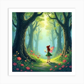 Fairy Realm In A Watercolor Forest With Magic 1 Art Print