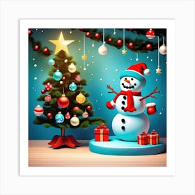 Snowman And Christmas Tree Art Print