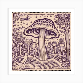 Mushroom Woodcut Purple 8 Art Print