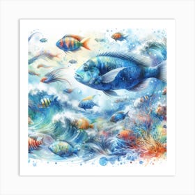Sea Fish In Motion, Sea Fish Watercolour Art Print 2 Art Print
