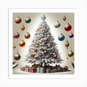 A Pencil Drawing Of A White Christmas Tree With Different Colorful Ornaments Decorated With Art Print