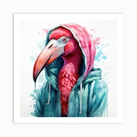 Watercolour Cartoon Flamingo In A Hoodie Art Print