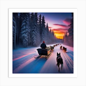 Sled Dogs At Sunset Art Print