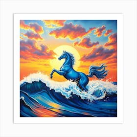 Blue Horse In The Ocean Art Print