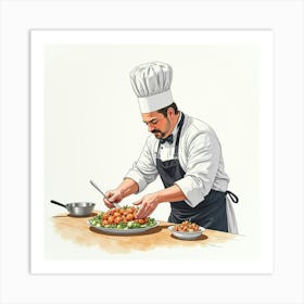 Watercolor Painting Of An Italian Chef Preparing A Traditional Seafood Dish Art Print