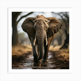 Elephant Walking Through A Puddle Art Print