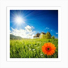 Firefly House, Sun, Cloud, Flower, Meadow, Nature, Landscape, Serene, Peaceful, Sunny, Vibrant, Sky, (8) Art Print