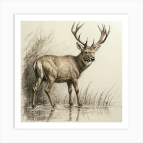 Stag By The Water Art Print