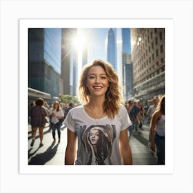 Confident Young Woman Smiling Radiantly Dressed In A Trendy T Shirt Stands At The Center Of A Bus (5) Art Print