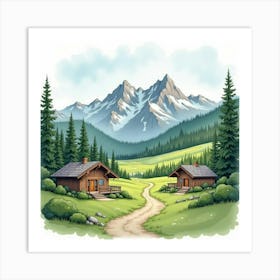 Serene Mountain Retreat In Watercolor, With Cabins And Forested Hills Art Print