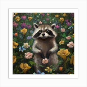 Raccoon in flower field 3 Art Print