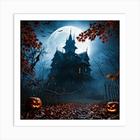 A Fiercely Blazing Haunted House Banner Devilishly Shadowed And Skittish Across The Eerie Pattern O (1) Art Print