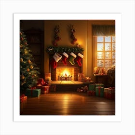 Cozy Christmas Eve Crackling Fireplace Casting A Soft Glow On The Elaborate Decorated Tree Toys Su 2 1 Art Print