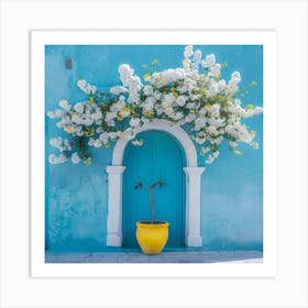 Blue Door With Flowers Art Print