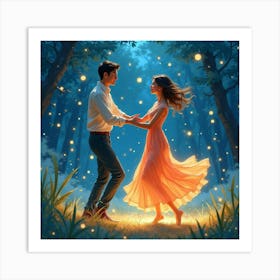 Elegant Dance In Watercolor With Glowing Fireflies 1 Art Print