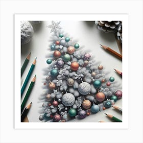 A Pencil Drawing Of A White Christmas Tree With Different Colorful Ornaments Decorated With 2 Art Print