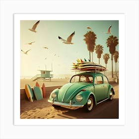 Green Vw Beetle On The Beach Front Art Print