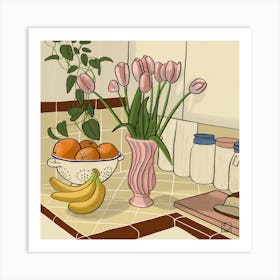 Kitchen Still Life With Pink Tulips Square Art Print