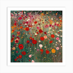 Poppies in the Meadow Landscape. Gustav Klimt Style Art Print