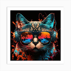 Cat With Headphones Art Print