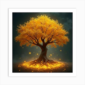 A Beautiful, Ancient Tree With Golden Leaves And Magical, Glowing Roots 1 Art Print