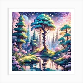 A Fantasy Forest With Twinkling Stars In Pastel Tone Square Composition 83 Art Print