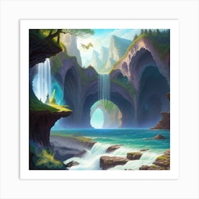 Fantasy Landscape With Waterfall Art Print