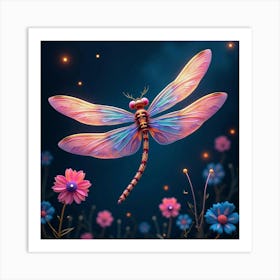 A Whimsical Dragonfly With Wings Of Fractal, Neon Patterns Hovering Over A Dreamlike Garden Art Print