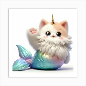 Fluffy 3D image of mermaid caticorn 1 Art Print