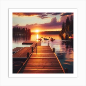 Lakeside Sunset Wall Print Art A Peaceful Scene Of A Summer Evening By The Lake, Perfect For Capturing The Tranquility And Beauty Of Summer In Any Space Art Print