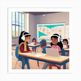 Children In Classroom With Headphones Art Print