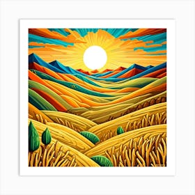 Fields In The Valley Cubism Style Art Print