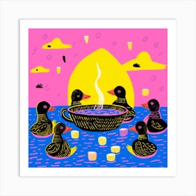 Duckling Afternoon Tea Linocut Style 3 Art Print