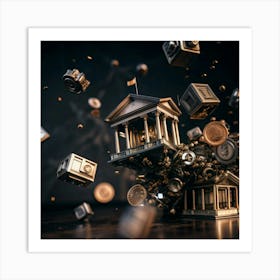 Financial Building With Flying Coins And Gold Bars Art Print